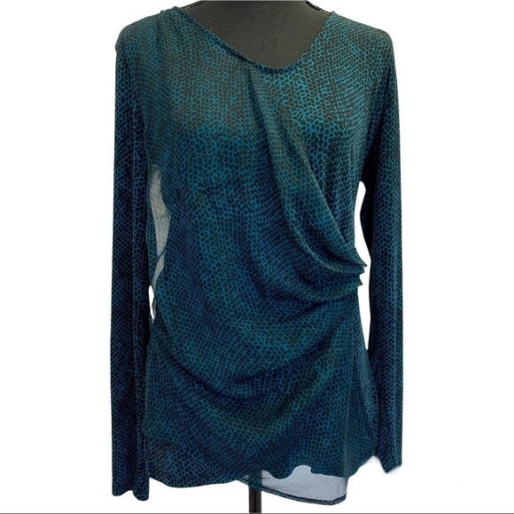 Jones New York green long sleeve snake print side ruching chiffon blouse size M - Picture 1 of 10